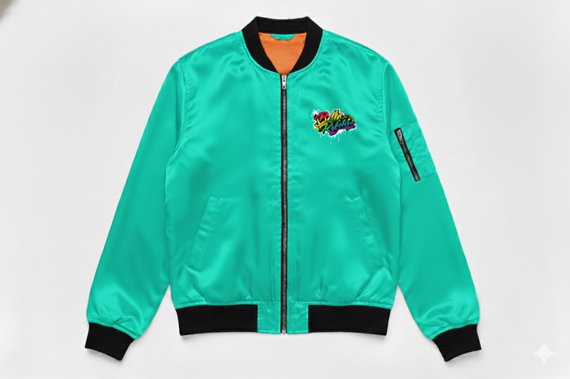 Bella Rhyder teal bomber jacket mockup