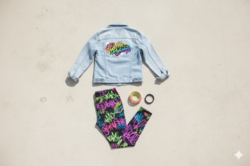 Bella Rhyder flat lay — denim jacket, graffiti leggings, and accessories