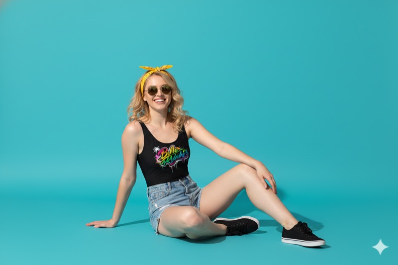 Bella Rhyder lifestyle — model in branded tank on teal background