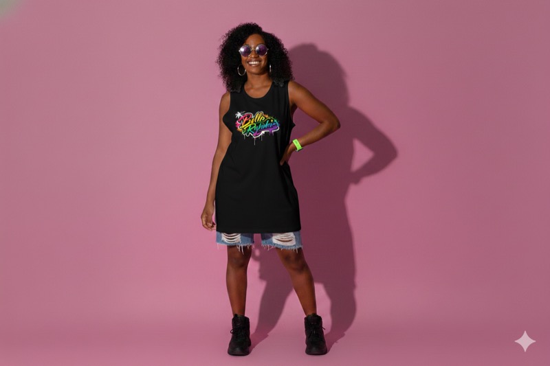 Bella Rhyder lifestyle — model in black branded tank dress