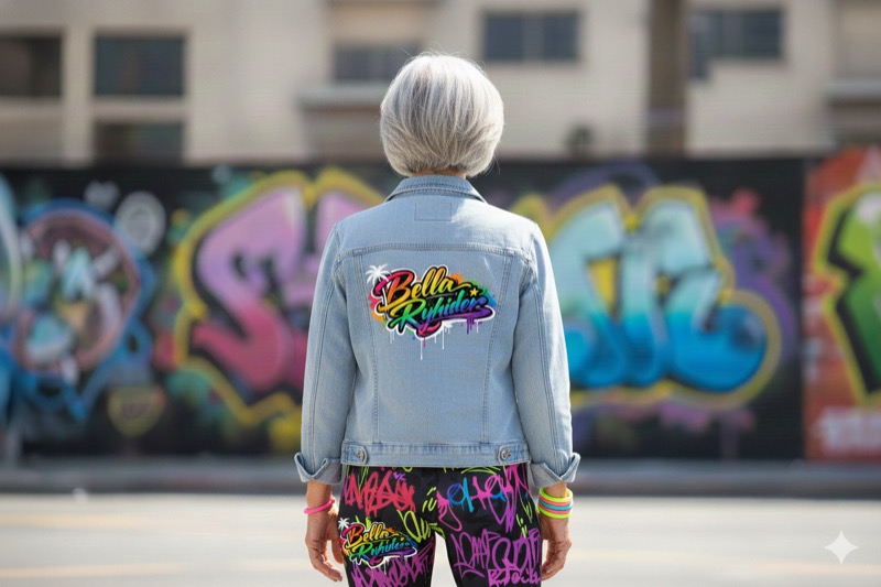 Bella Rhyder lifestyle — denim jacket and graffiti leggings with street art wall