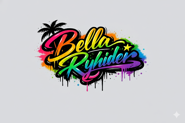 Bella Rhyder logo — rainbow graffiti style with palm tree