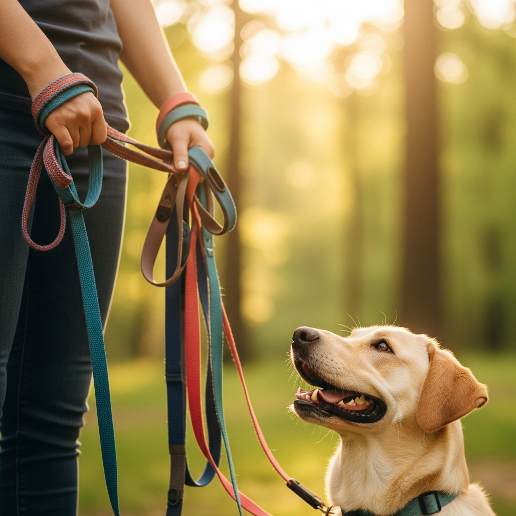 Dog walker hands with leashes