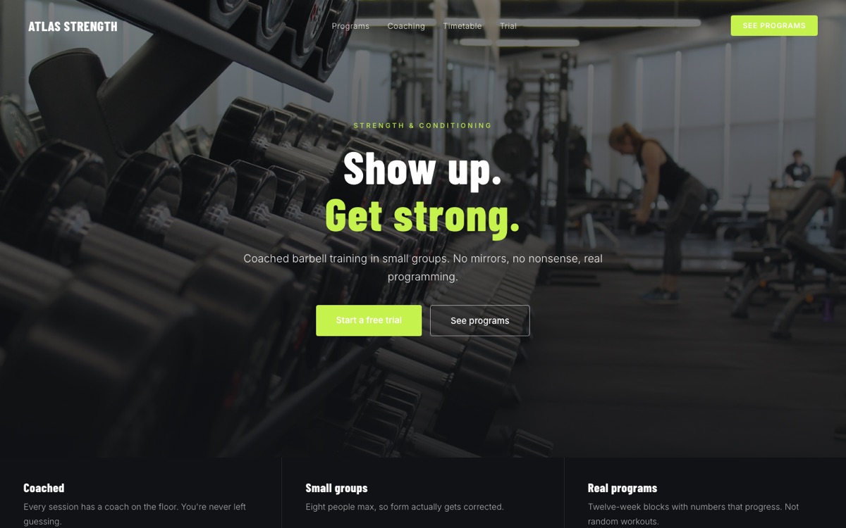 Atlas Strength homepage, desktop