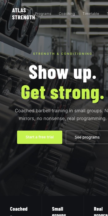 Atlas Strength homepage, mobile