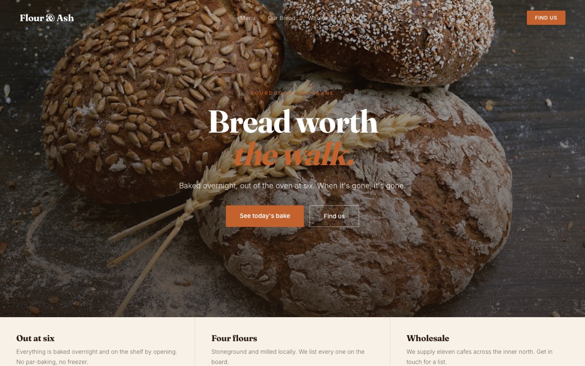 Flour & Ash homepage, desktop
