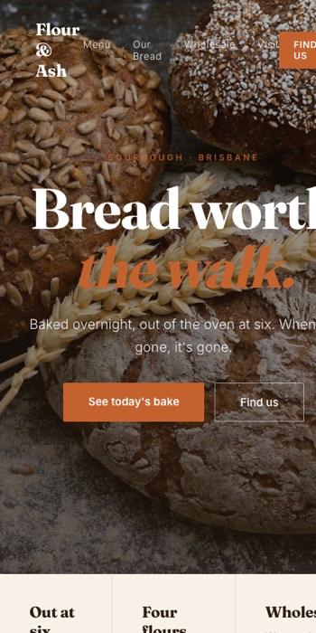 Flour & Ash homepage, mobile