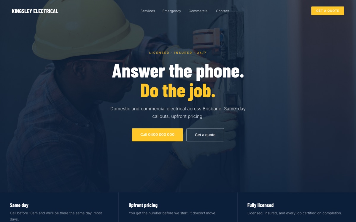 Kingsley Electrical homepage, desktop