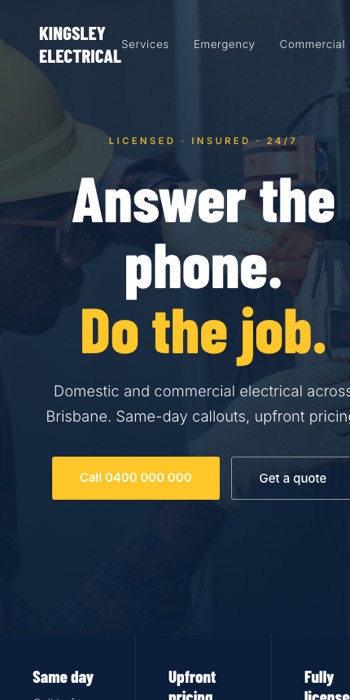 Kingsley Electrical homepage, mobile